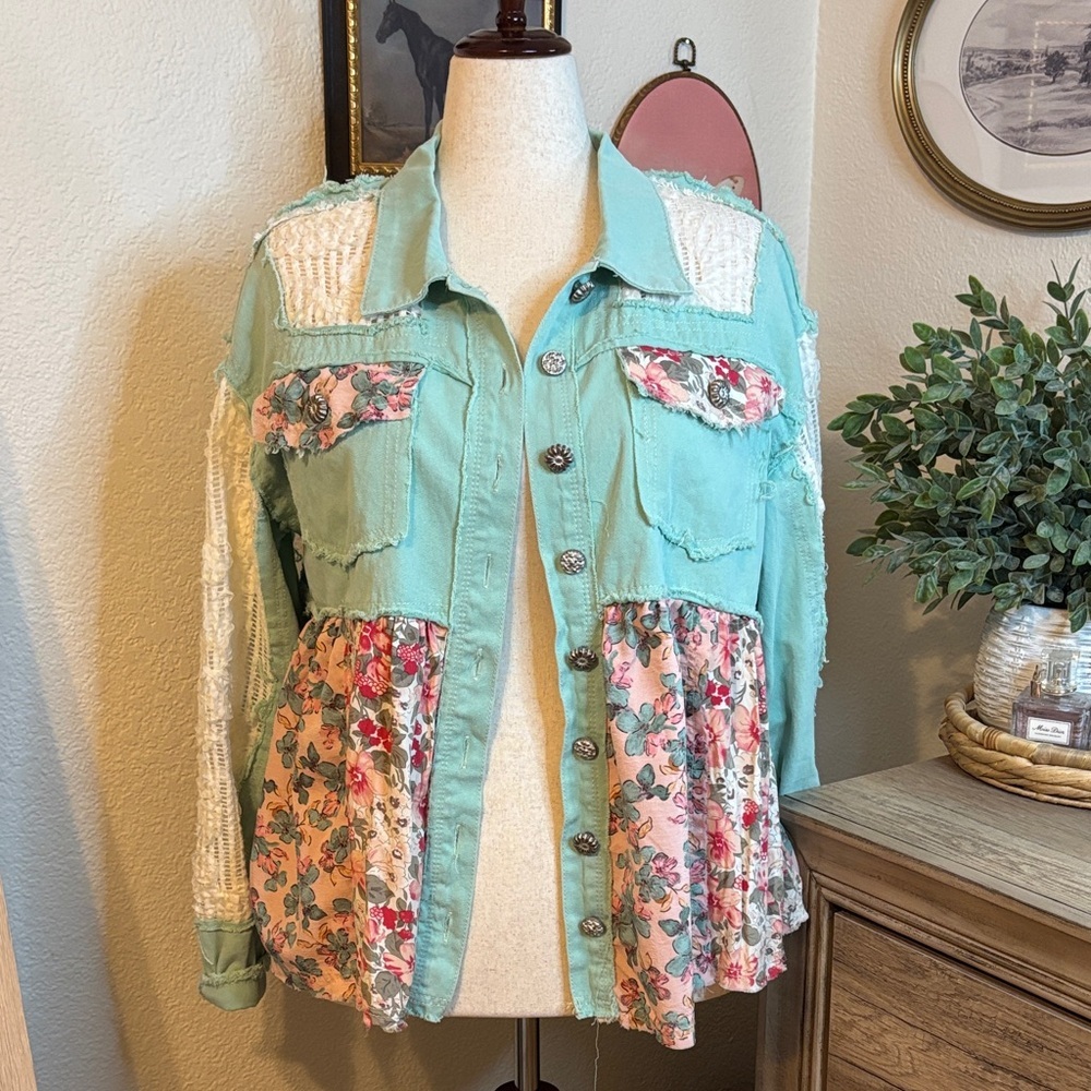 POL Mint Green and Pink Floral Patchwork Jean Jacket